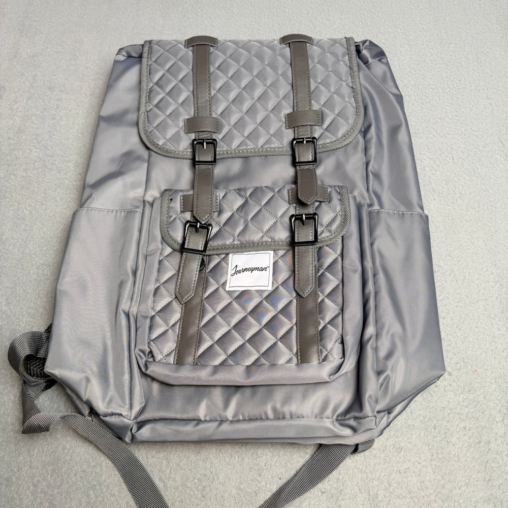Journeyman Gray Quilted Nylon Drawstring Backpack‎ Magnetic Buckle Straps Travel